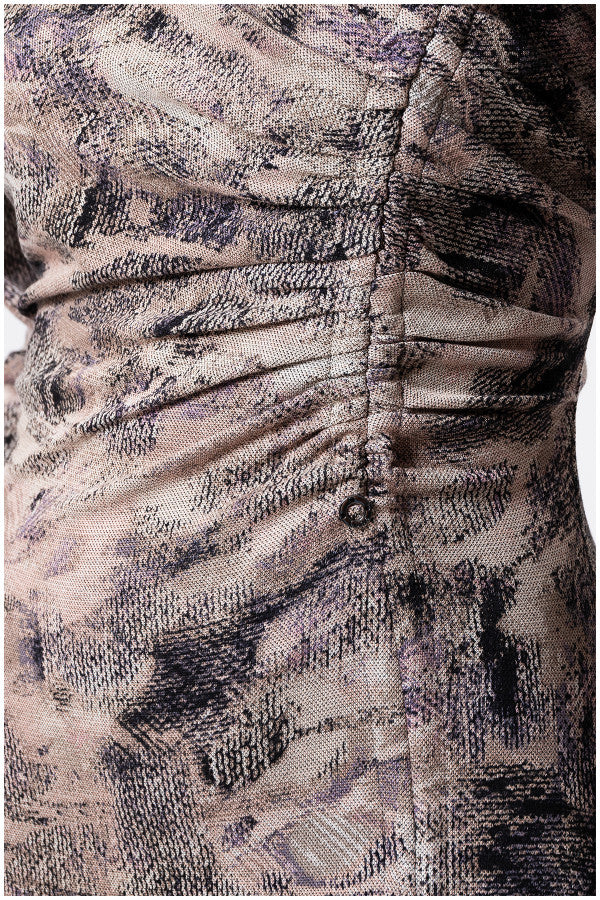 Close-up of textured viscose blend fabric and fine rouching detail on the waist. Luna Fashion House