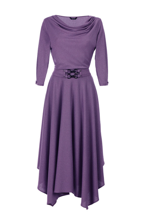 Purple dress with a belt on a white background