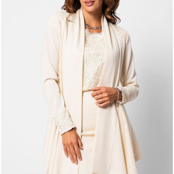 Elegant ivory Cardigan Jody with lace accents and a relaxed cascading front fit.