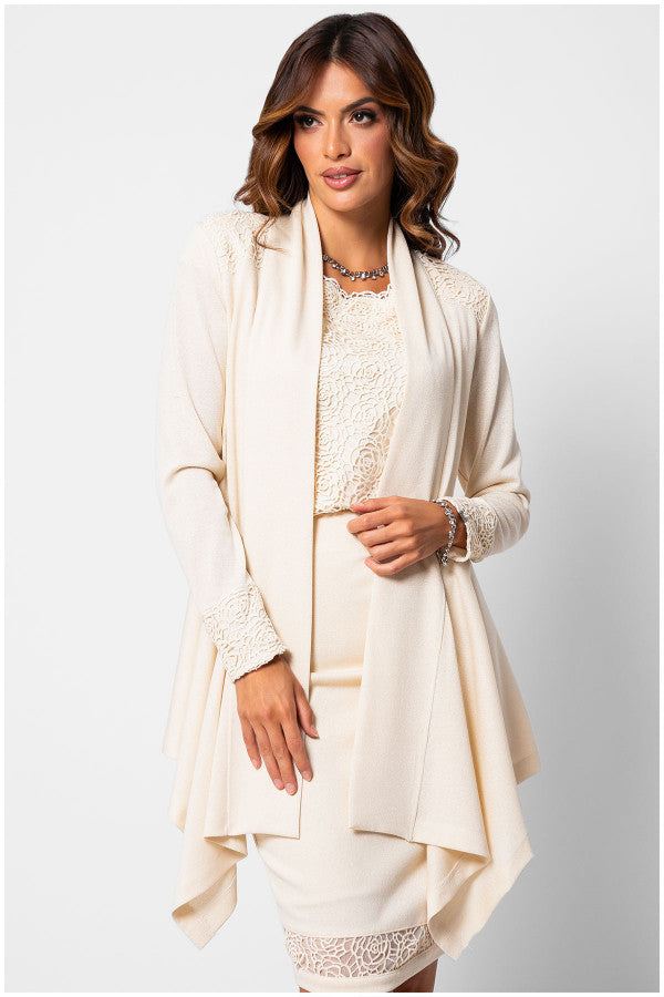 Elegant ivory Cardigan Jody with lace accents and a relaxed cascading front fit.