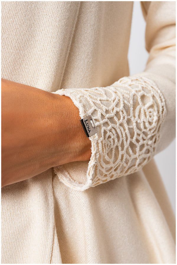 Ivory Cardigan Jody sleeve with intricate lace cuff detail on viscose blend fabric