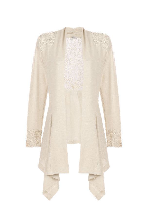 Jody Tailored Cardigan in Ivory featuring delicate lace details and soft European viscose for timeless feminine elegance