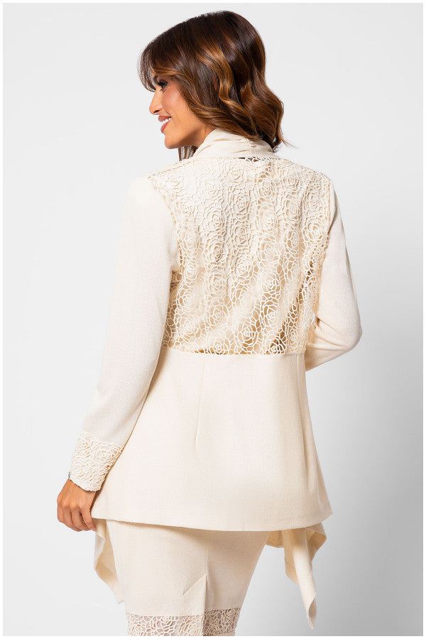 Woman wearing Jody Tailored Cardigan in Ivory with delicate lace back and cuff details by Luna Fashion House