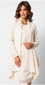 Woman wearing Jody Tailored Cardigan in Ivory with lace details and elegant soft fabric from Luna Fashion House