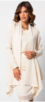 Woman wearing Jody Tailored Cardigan in Ivory with lace details and elegant soft fabric from Luna Fashion House