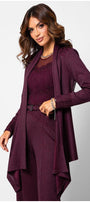 Woman wearing bordeaux lace cardigan Jody with lace details on cuffs and back over matching outfit
