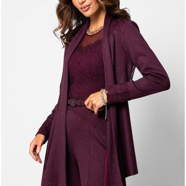 Woman wearing bordeaux lace cardigan Jody with lace details on cuffs and back over matching outfit