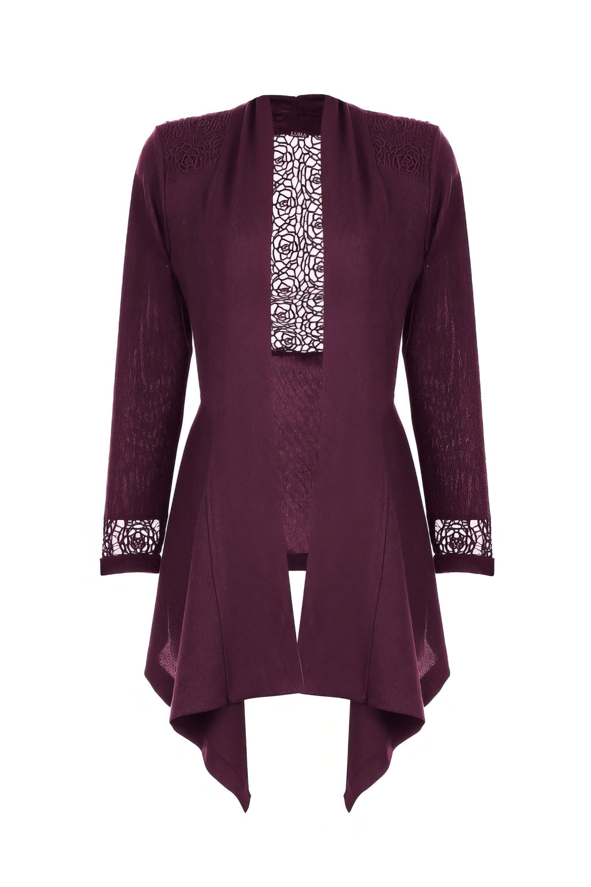Jody Lace Cardigan in Bordeaux featuring intricate lace details and a flowing feminine silhouette by Luna Fashion House