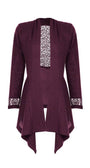 Bordeaux lace cardigan with lace accents on cuffs and back, featuring cascading draped cut in soft viscose blend fabric.