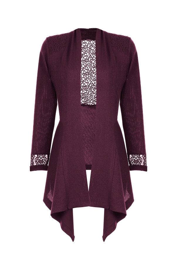 Bordeaux lace cardigan with lace accents on cuffs and back, featuring cascading draped cut in soft viscose blend fabric.