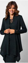 Woman wearing a black coat on a white background Luna Fashion House