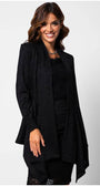 Woman wearing elegant black lace Cardigan Jody with lace trim, featuring a draped open front and sophisticated style