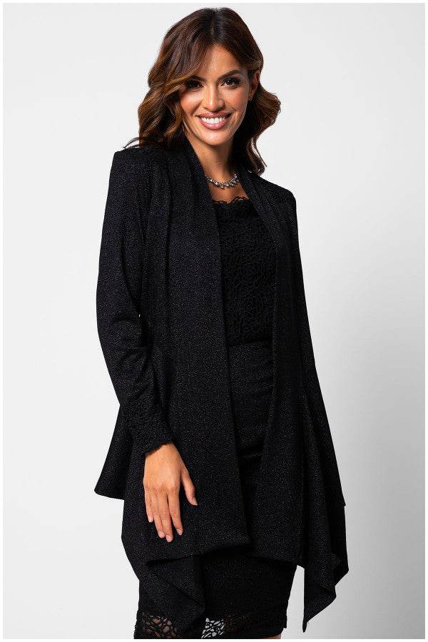 Woman wearing elegant black lace Cardigan Jody with lace trim, featuring a draped open front and sophisticated style