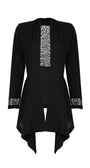 Black lace cardigan with open draped front and intricate lace detailing on cuffs and back panel