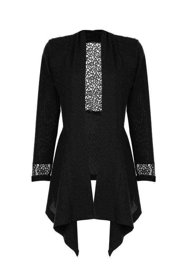Black lace cardigan with open draped front and intricate lace detailing on cuffs and back panel
