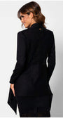Woman wearing Jody Lace Cardigan in Black by Luna Fashion House showcasing elegant lace detail on the back and long sleeves