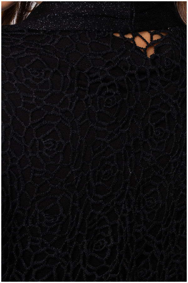 Close-up of a black lace garment with intricate patterns.
