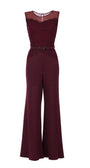 Bordeaux Lace Overalls with wide-leg trousers and tonal belt, elegant and sophisticated evening wear.