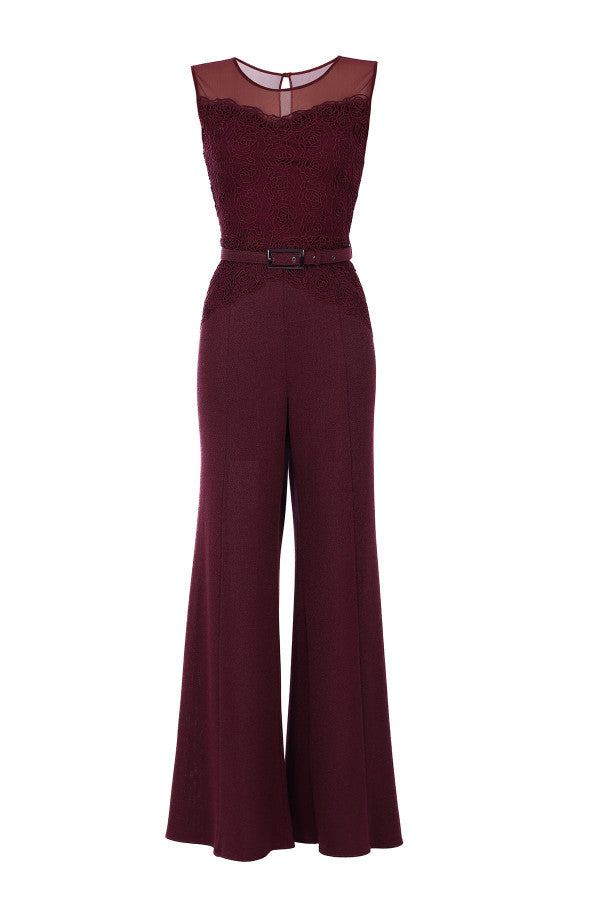 Bordeaux Lace Overalls with wide-leg trousers and tonal belt, elegant and sophisticated evening wear.