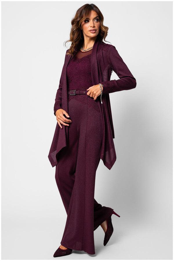 Woman wearing Bordeaux Lace Overalls with wide-leg trousers and matching cardigan, styled for elegant occasions.