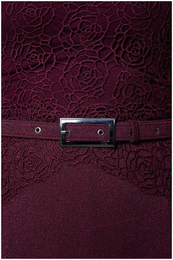 Close-up of Bordeaux Lace Overalls and tonal belt with silver buckle on Overall Jody jumpsuit