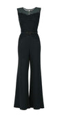 Midnight green lace bodice Lace Overalls with wide-leg trousers and matching belt for elegant evening wear.