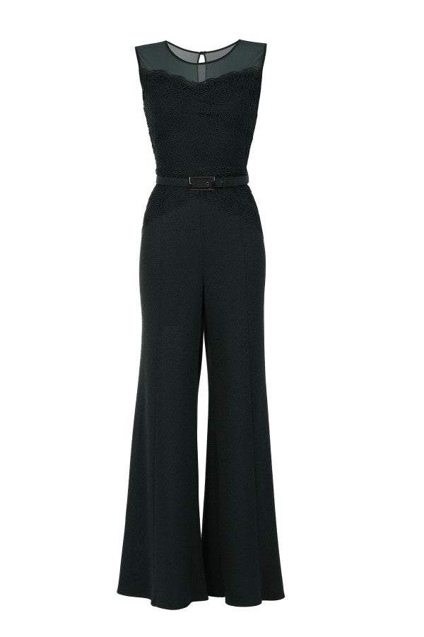 Midnight green lace bodice Lace Overalls with wide-leg trousers and matching belt for elegant evening wear.