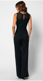 Woman wearing elegant midnight green lace sleeveless Lace Overalls with wide-leg trousers and matching belt, seen from the back