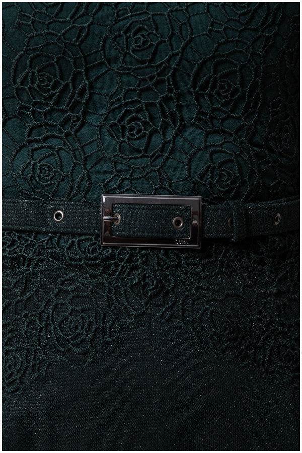 Close-up of Midnight Green Lace Overalls and matching belt with metallic buckle on the Overall Jody jumpsuit