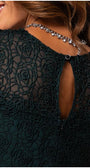 Close-up of Lace Overalls bodice detail with floral pattern and keyhole back in midnight green Overall Jody jumpsuit