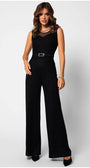 Lace Overalls – Woman wearing Jody lace overalls in noir with belted waist and wide-leg silhouette by Luna Fashion House