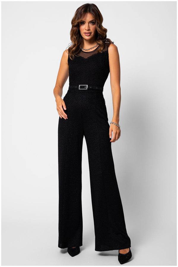 Lace Overalls – Woman wearing Jody lace overalls in noir with belted waist and wide-leg silhouette by Luna Fashion House