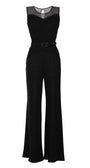Black bodice Lace Overalls with sheer neckline, wide-leg trousers, and tonal belt for elegant evening wear.
