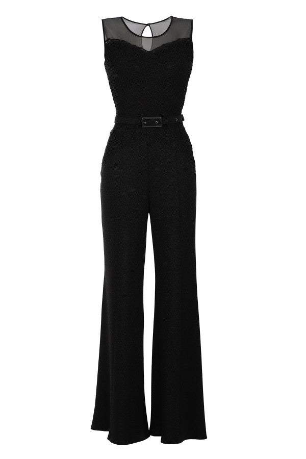 Black bodice Lace Overalls with sheer neckline, wide-leg trousers, and tonal belt for elegant evening wear.