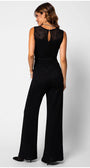 Woman wearing black Lace Overalls and wide-leg trousers couture-inspired jumpsuit with tonal belt, back view on white background