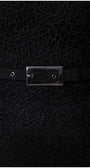 Close-up of black lace Lace Overalls with floral pattern and a shimmering tonal belt with rectangular buckle on Overall Jody jumpsuit.
