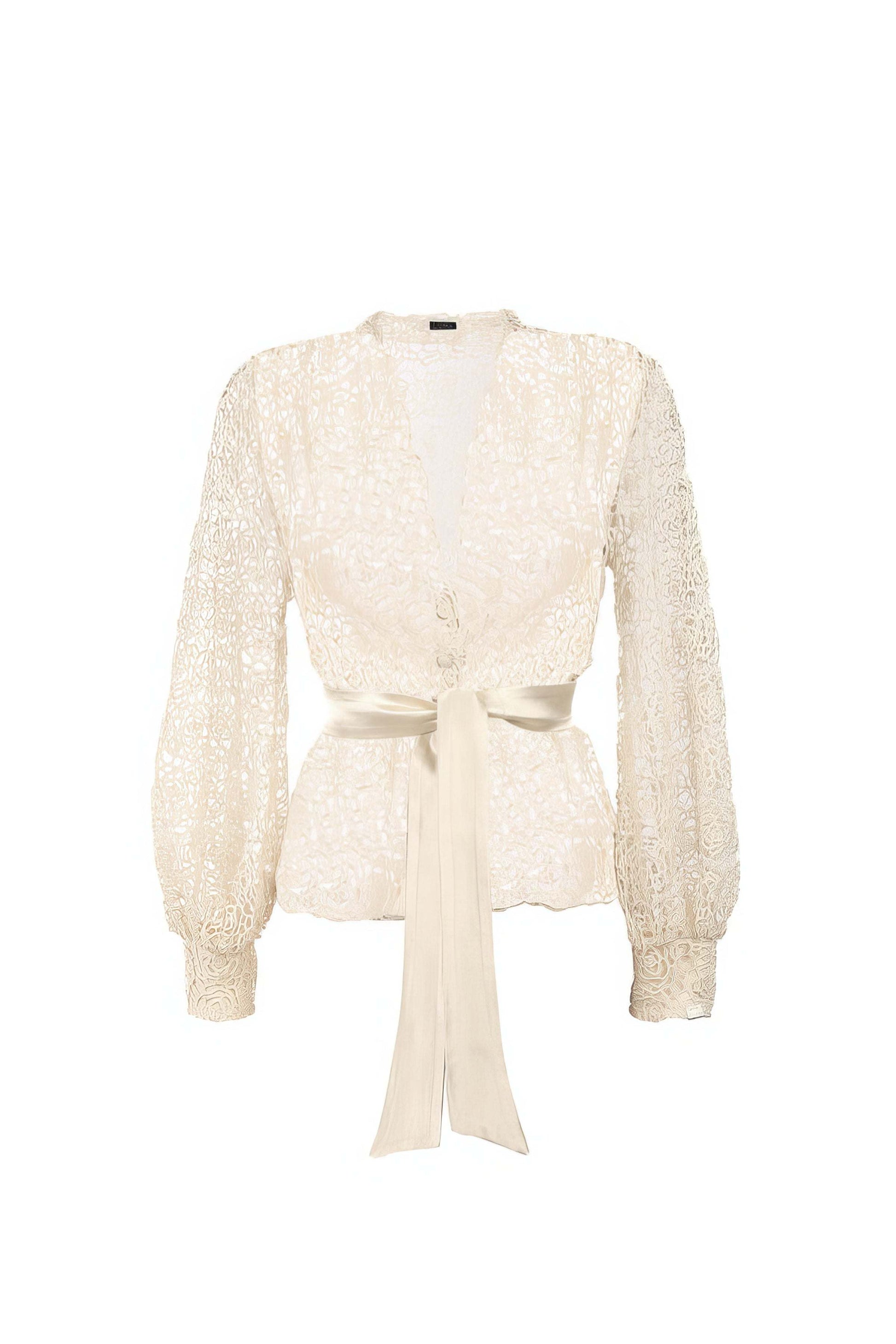 Jody Lace Belted Sweater in Ivory with delicate lace design and satin belt for elegant feminine style by Luna Fashion House