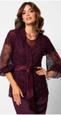 Woman wearing Jody Lace Belted Sweater in Bordeaux with intricate lace and satin belt by Luna Fashion House
