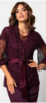 Woman wearing Jody Lace Belted Sweater in Bordeaux with intricate lace and satin belt by Luna Fashion House