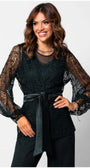 Woman wearing Jody Lace Belted Sweater in Midnight Green with intricate lace sleeves and a satin belt detail