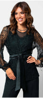 Woman wearing Jody Lace Belted Sweater in Midnight Green with intricate lace sleeves and a satin belt detail