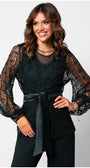 Woman wearing a Midnight Green lace cardigan Sweater Jody with semi-sheer sleeves and a satin waist tie.