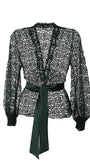 Midnight green floral lace Sweater Jody with semi-sheer long sleeves and a soft waist tie belt detail.