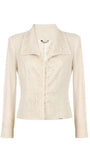 Ivory lace blazer with floral embroidery on collar, cuffs, and front, tailored for a fitted waist silhouette.