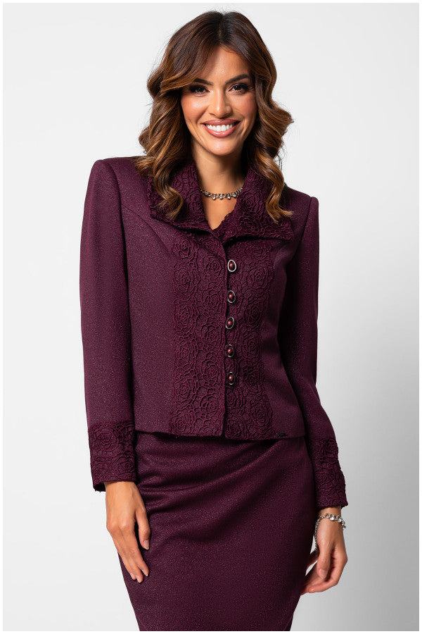 Woman wearing a fitted Bordeaux  tailored blazer with intricate lace embroidery on collar and cuffs, styled for elegant occasions.