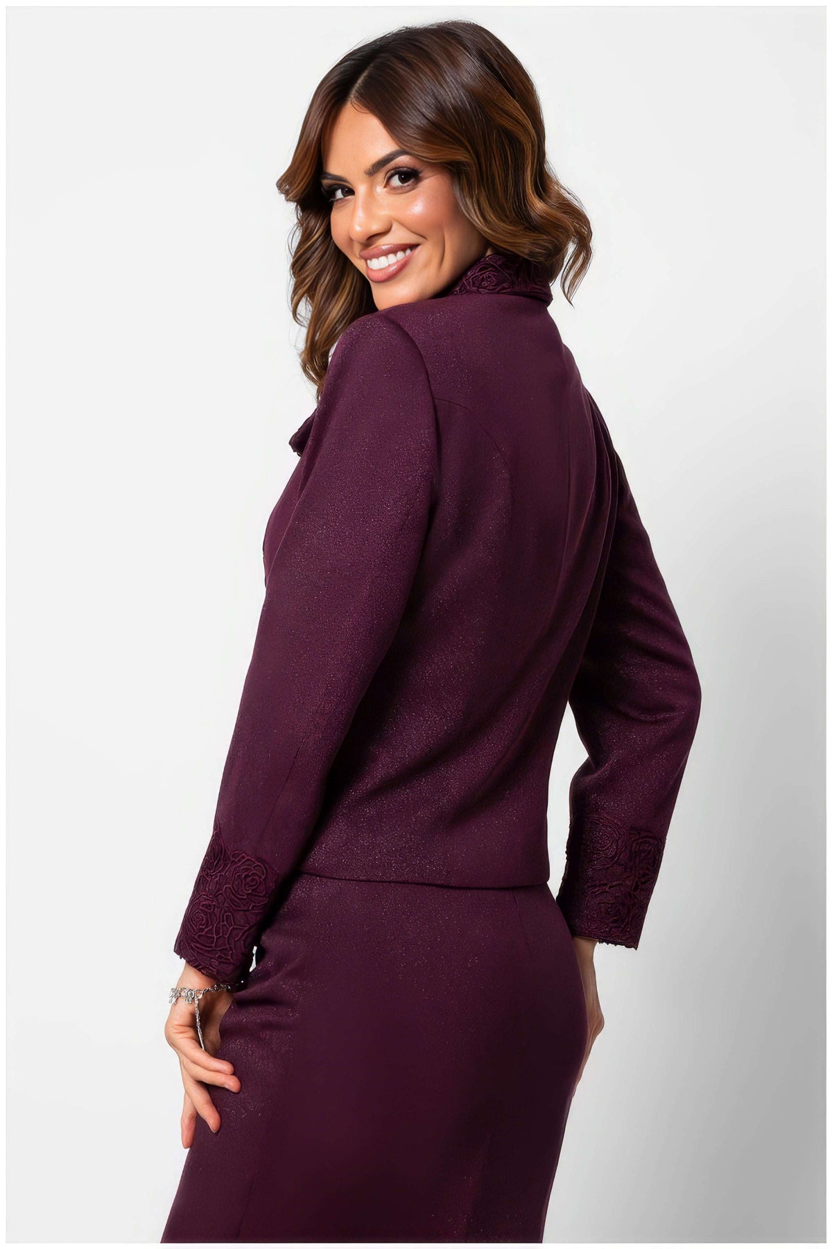 Burgundy Tailored Lace Blazer, Jody. Lace blazer. Lace stand collar.