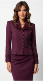 Woman wearing a burgundy suit with a white background