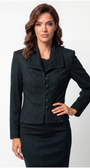 Woman wearing a black textured suit on a white background