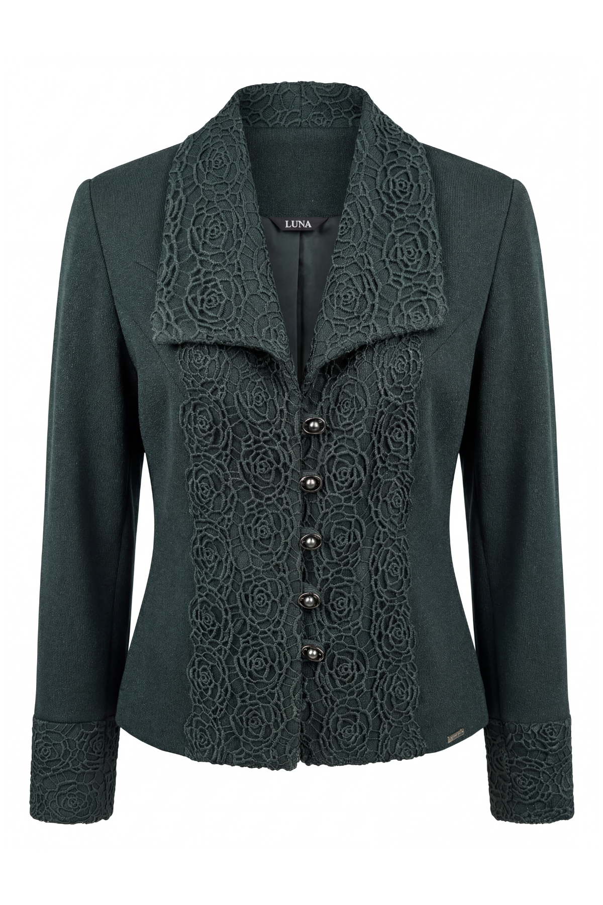 Dark green jacket with lace detailing on a white background
