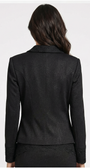 Black blazer worn by a person on a white background